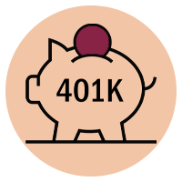 An icon of a piggy Bank  with 401K written inside.